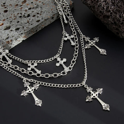 Mall Goth Triple Cross Chain Pants — Layered Silver Altar