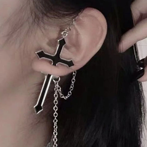 Goth Dual Cross Chain Ear Cuff Earring Set