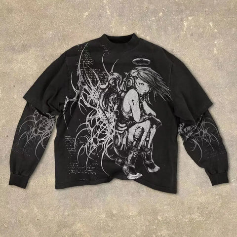 Goth Crimson Thorn Screaming Face Oversized Long Sleeve Shirt