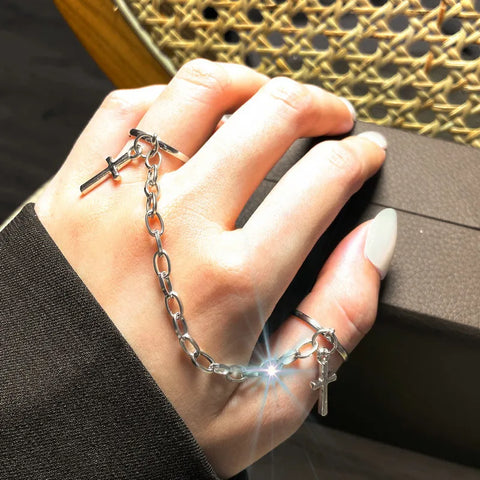 Goth Silver Chain Hand Harness Ring Set