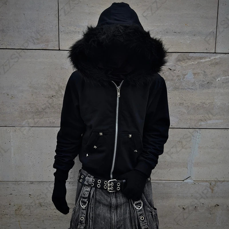 Mall Goth Faux-Fur Trim Zip Tshirt in Void Black