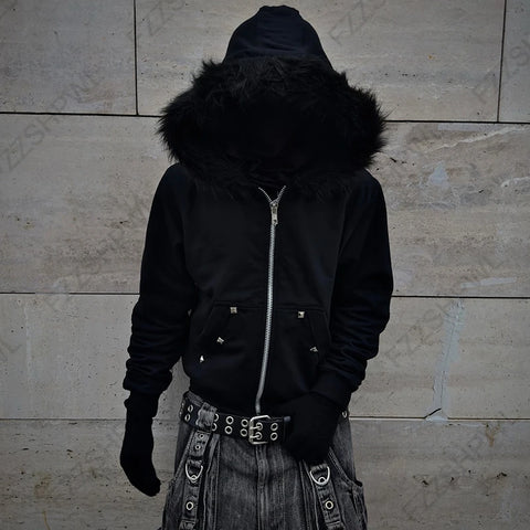 Mall Goth Faux-Fur Trim Zip Tshirt in Void Black