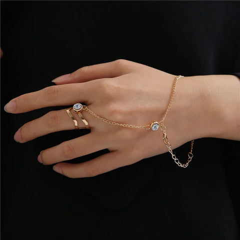 Goth Silver Chain Hand Harness Ring Set