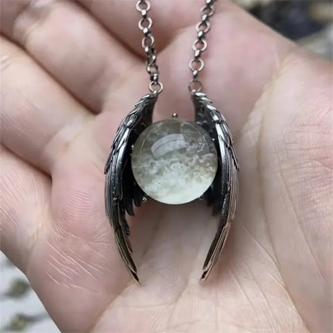 Goth Fallen Angel Wing Crystal Orb Necklace