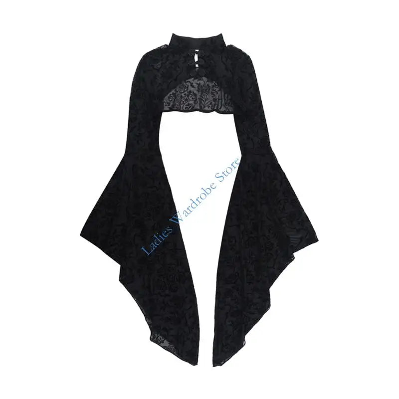 Victorian Goth Damask Flare-Sleeve Cropped Blouse