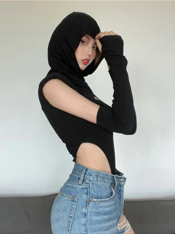 Nu Goth Shadow Veil Hooded Bodysuit
