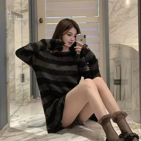Goth Bloodline Stripe Hollow Knit Sweater