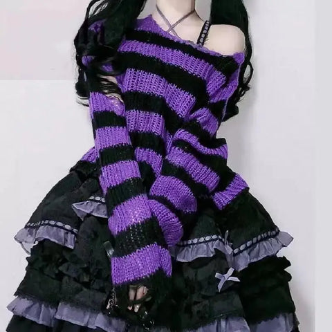 Pastel Goth Candy Stripe Distressed Knit Sweater
