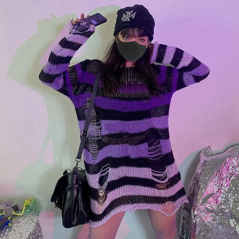 Pastel Goth Violet Striped Destroyed Knit Sweater