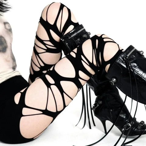 Goth Shredded Web Tights Sock — Black & White