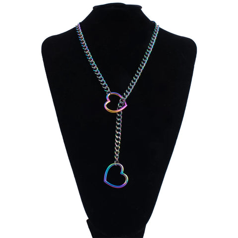 Goth Double Heart Lariat Chain Necklace