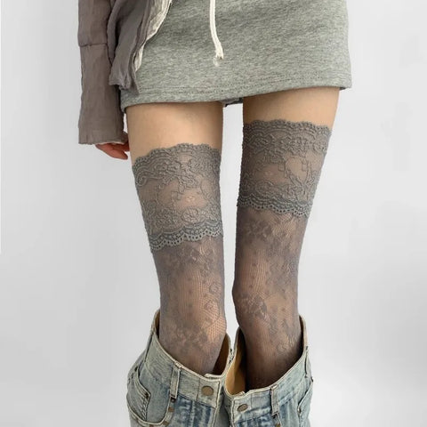 Goth Thigh-High Sheer Sock — Lace, Velvet Band & Crimson Edge