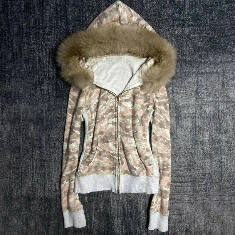 Goth Faux Fur Hood Striped Zip-Up Tshirt