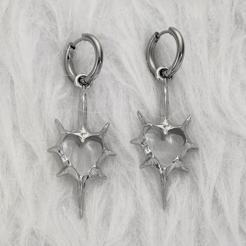Goth Thorned Heart Drop Earring — Spiked Silver Hoop Charm