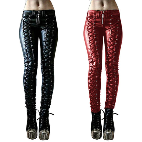 Goth Lace-Up Faux Leather Skinny Pants