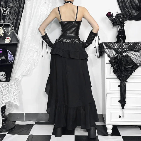 Mall Goth High-Low Tiered Ruffle Skirt in Midnight Black