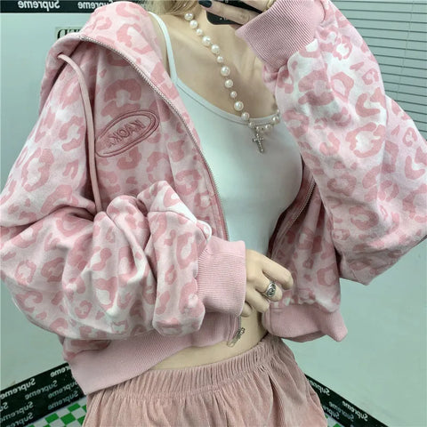 Pastel Goth Pink Leopard Zip-Up Oversized Cardigan