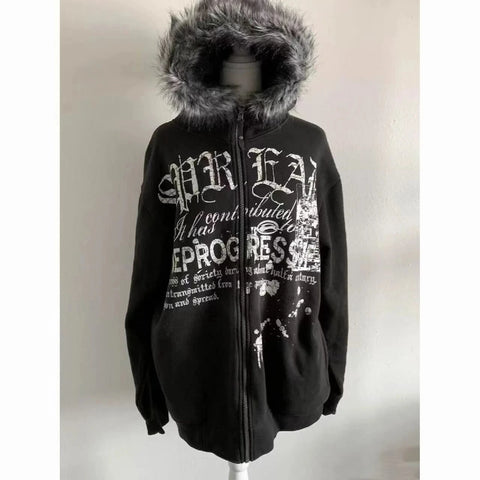 Mall Goth Dual Blade Cross Fur Trim Zip Top