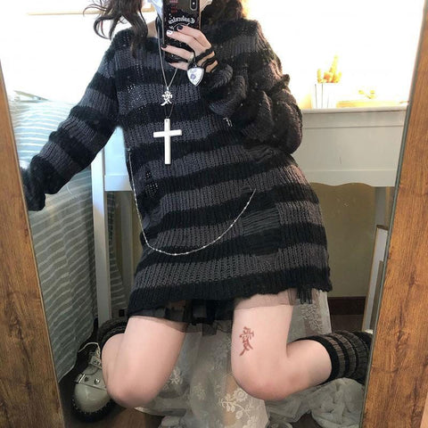 Goth Distressed Stripe Knit Sweater