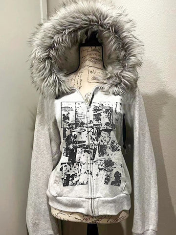 Mall Goth Dual Blade Cross Fur Trim Zip Top