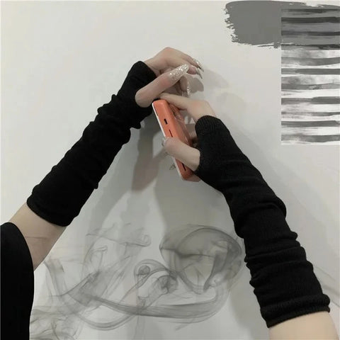 Goth Cross Knit Fingerless Arm Warmer Gloves