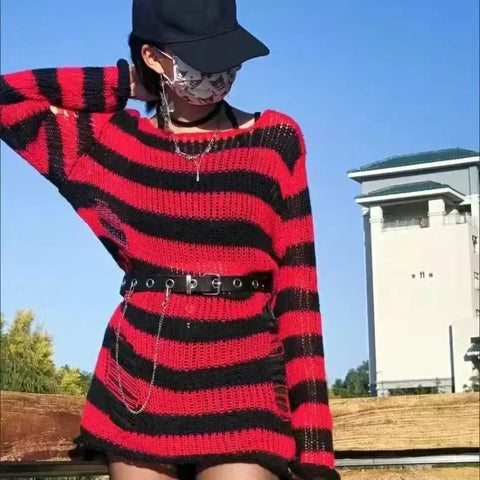 Goth Bloodline Stripe Hollow Knit Sweater