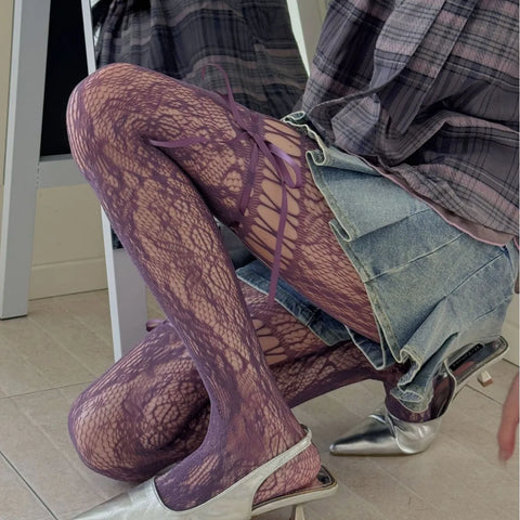Victorian Goth Plum Lace Bow Thigh-High Sock