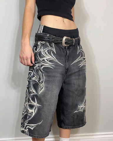 Goth Tribal Blade Denim Shorts