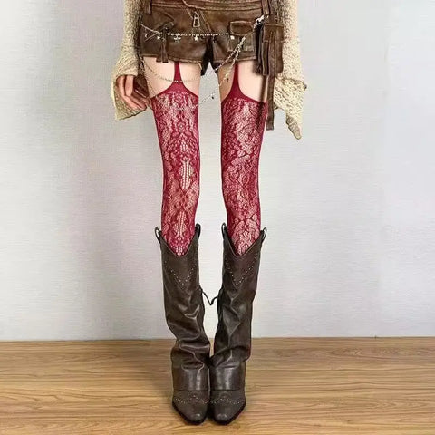 Victorian Goth Ivory Floral Lace Garter Leggings