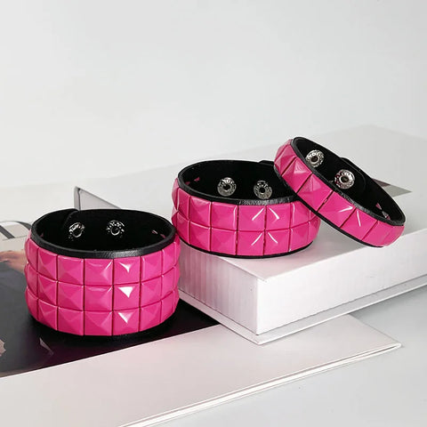 Mall Goth Hot Pink Pyramid Stud Wide Cuff Bracelet