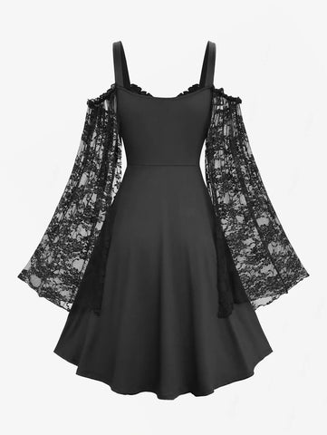 Goth Cold Shoulder Lace Sleeve Chain Heart Dress
