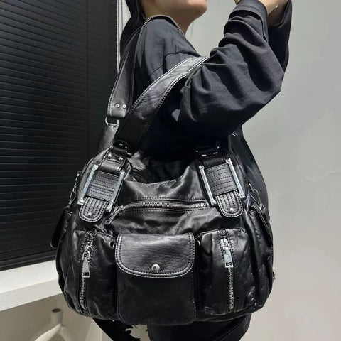 Goth Worn-Black Multi-Pocket Slouch Bag