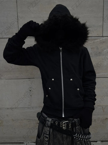 Mall Goth Faux-Fur Trim Zip Tshirt in Void Black