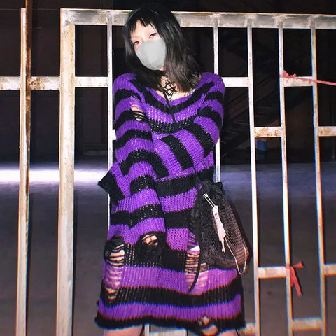 Pastel Goth Violet Striped Destroyed Knit Sweater