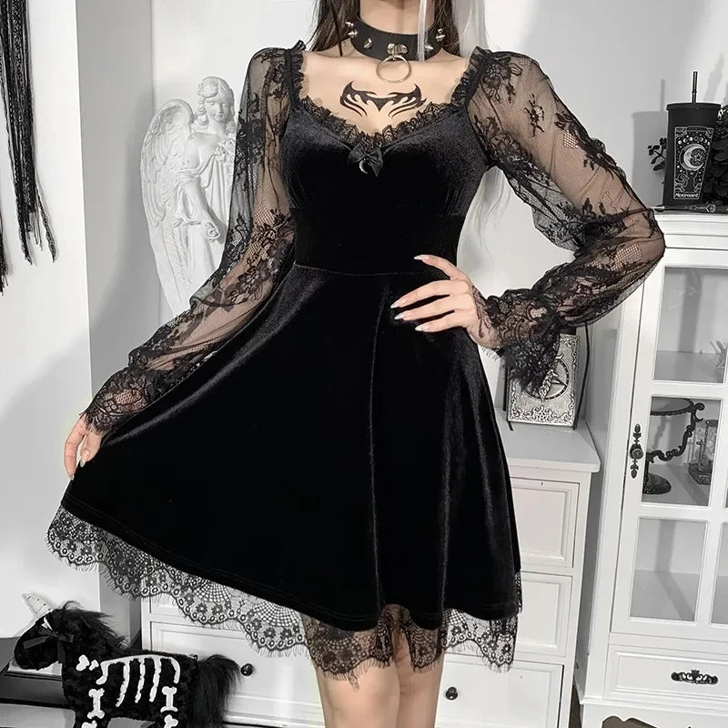 Goth Cobweb Lace & Velvet Mini Dress