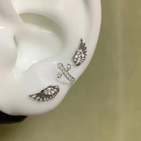Mall Goth Fallen Angel Wing & Crystal Cross Earring Set