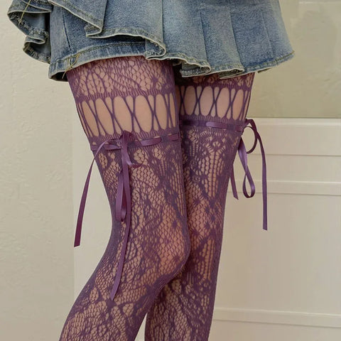 Victorian Goth Plum Lace Bow Thigh-High Sock