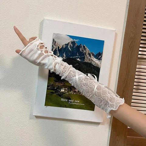 Goth Ribbon Lace-Up Mesh Fingerless Arm Gloves