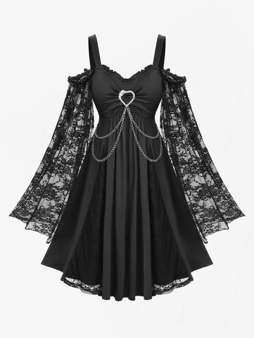 Goth Cold Shoulder Lace Sleeve Chain Heart Dress