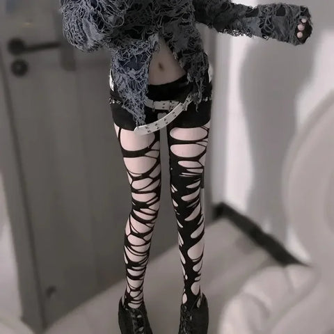 Goth Shredded Web Tights Sock — Black & White
