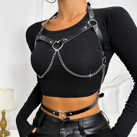 Goth Heart Ring Chain & Leather Chest Corset Harness
