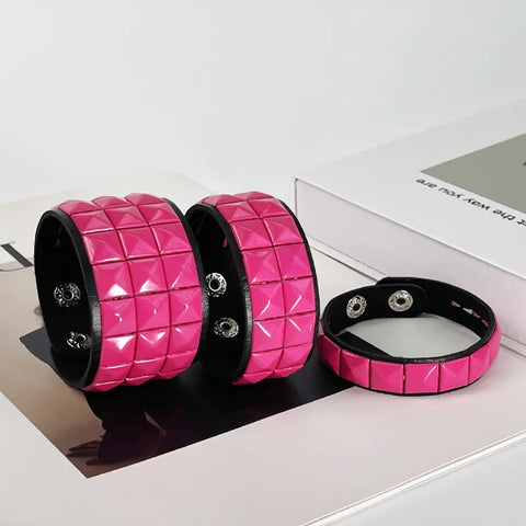 Mall Goth Hot Pink Pyramid Stud Wide Cuff Bracelet