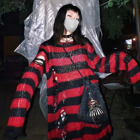 Goth Blue & Black Striped Hollow-Knit Top