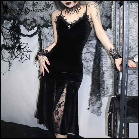 Goth Velvet Lace Mermaid Slip Dress