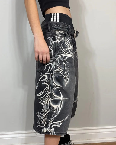 Goth Tribal Blade Denim Shorts