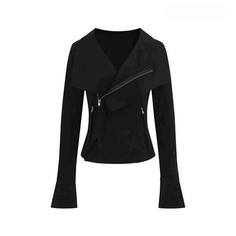 Nu Goth Asymmetric Zip Cropped Moto Coat in Noir
