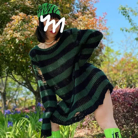 Pastel Goth Violet Striped Destroyed Knit Sweater