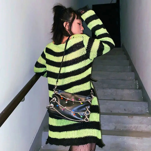 Goth Distressed Rainbow Stripe Oversized Sweater