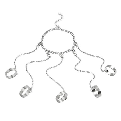 Goth Silver Chain Hand Harness Ring Set