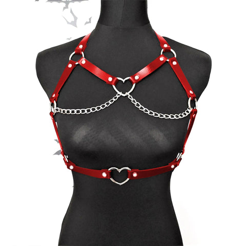 Goth Heart Ring Chain & Leather Chest Corset Harness